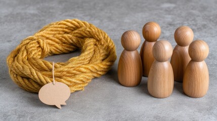 Wooden toy figures form a circle with yellow rope and speech bubbles to represent communication and connection among team members.