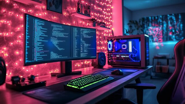 Modern gaming pc setup with wide monitor showing code and pink neon lights, cozy programmer workplace background for esports ad, hacker movie, software vlog and tech promo