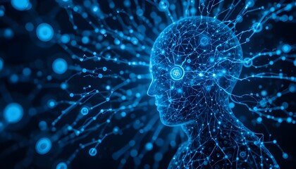 A futuristic digital illustration of a human head with neural connections
