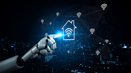 A robotic hand interacts with a smart home icon, symbolizing connectivity and automation in a modern urban environment, showcasing innovation in technology. Gantry