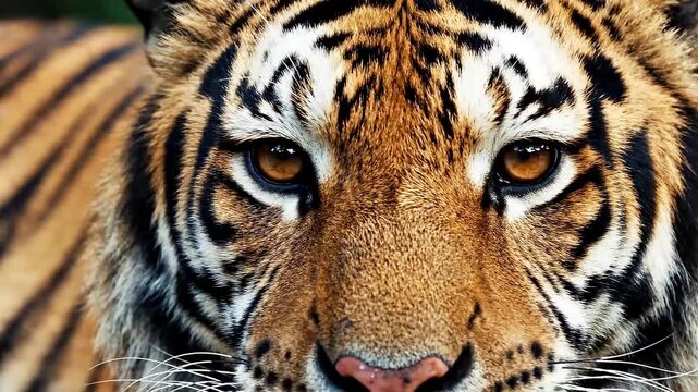 close up portrait of a tiger looks towards the direction of the camera