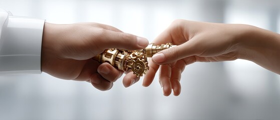 Robot hand and human hand reach out towards gears in digital space, showing a concept of technology and future science