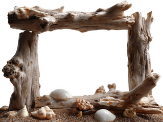 Obraz premium Driftwood frame with seashells on sand background