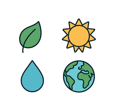 Flat vector illustration of eco symbols set leaf sun water and globe soft eco awareness style