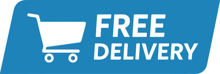 Free Delivery Icon Shopping Cart with Text on Blue Background for Online Orders & Shipping Services