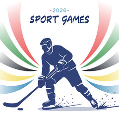 Obraz premium Winter sport games 2026 ice hockey vector poster. Hockey player silhouette shooting puck with dynamic Olympic rainbow ribbons in colors. International winter sports event banner, card