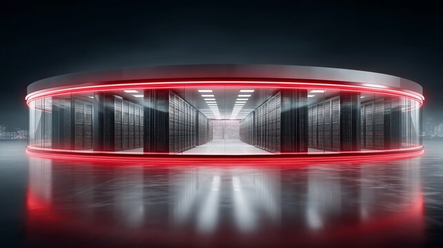 Futuristic data center surrounded by red security ring symbolizing advanced cybersecurity defense protection of digital assets and resilient IT infrastructure