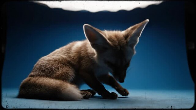 Captivating Fennec Fox Portrait with Vintage Film Aesthetic Against a Deep Blue Backdrop