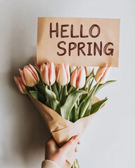 A wrapped bouquet of pale pink tulips is presented by hand with a kraft paper sign reading hello spring, styled against a clean light wall for an inviting modern look. Concept: promotional headers