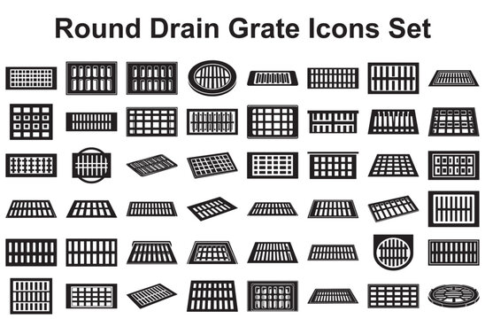 Collection of round drain grate icons isolated on white background