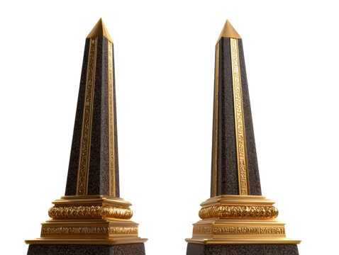 Golden obelisks with hieroglyphic inscriptions on black background