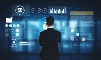 A businessman stands confidently in front of a digital security interface, showcasing data analytics and AI technology in a cutting-edge office setting. Gantry