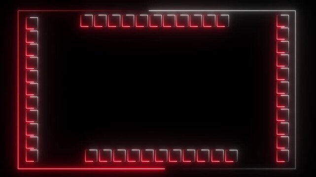 Neon line glowing frame and lines on black background. Glowing neon frame background animation, loop, seamless. Glowing neon line animation video. White and red color icon..