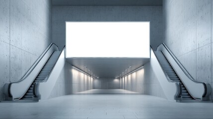 Fototapeta premium Underground Tunnel with Escalators and a Blank Billboard, Ideal for Advertising Mockups and Urban Space Visualizations