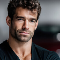Fototapeta premium Handsome muscular man with curly hair, blue eyes, stubble, and confident expression wearing black shirt, studio background
