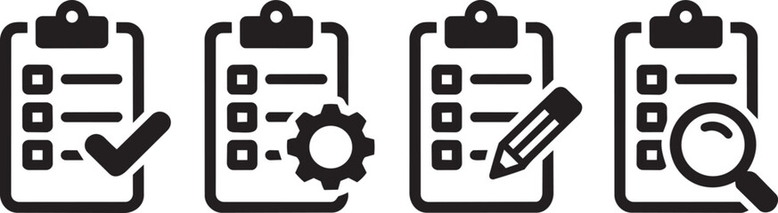 Clipboard icon. Checklist with gear, checkmarks, magnifier and pencil. Quality check line sign. Check List flat line icon. Form icon. Clipboard with gear technical support check list - stock vector.