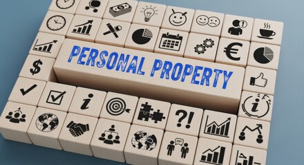 Personal Property Concept Rendered on Wooden Cubes with Various Financial and Economic Symbols