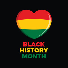 Black History Month poster with heart shape vector illustration. Red gold green Pan-African heart shape icon on a black background. Template for background, banner, card. Important day