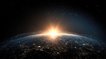 Sunrise over Earth with Digital Network Overlay: Global Connectivity and Futuristic Technology Concept