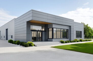 Modern light gray commercial building with large windows, flat roof, and landscaped entrance, showcasing contemporary architecture and clean lines
