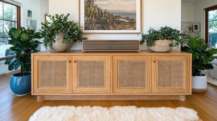 Wooden sideboard featuring cane detailing is adorned with potted greenery and electronic equipment.