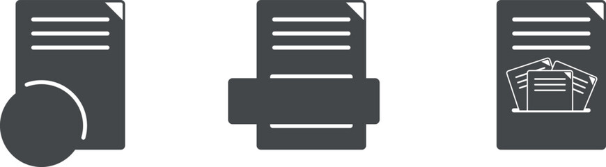 Office paper in files and a box, a box with valuable documents, sheets of paper, assets and finances, an accounting report, vector web icons, text printing on A4 paper. Contracts and applications