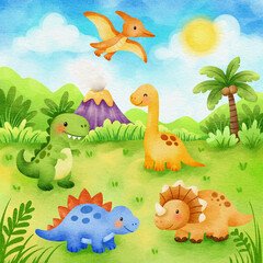 Cute watercolor illustration of friendly dinosaurs playing in a prehistoric landscape with volcanoes, palm trees, and a bright sunny sky in a cheerful children’s storybook style. © Pompom