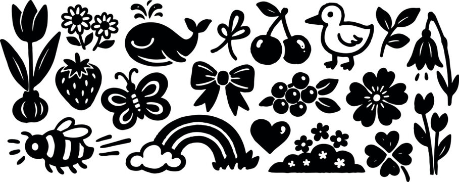 Hand drawn doodle vector icon set of spring motifs buzzing bee and spouting whale rainbow flowers strawberry heart bow silhouette close up