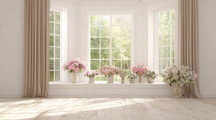 Bright interior space features a wide window bay adorned with numerous flower arrangements