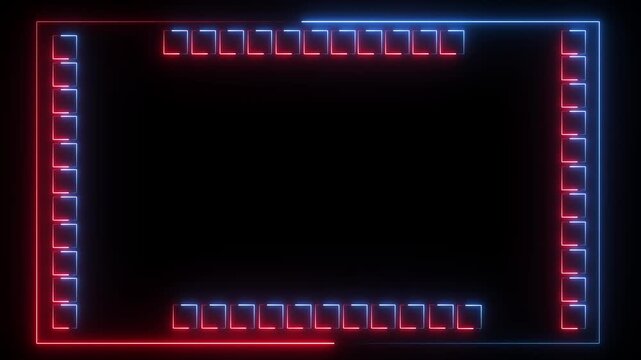 Neon line glowing frame and lines on black background. Glowing neon frame background animation, loop, seamless. Glowing neon line animation video. blue and red color icon..