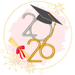 pink, silver & golden light modern, elegant class of 2026 logo with digits, circle frame over pink color splash