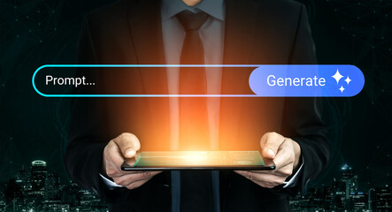 Businessman holds a glowing tablet with a search prompt, set against a dark cityscape, representing innovation and idea generation in the digital age. Gantry