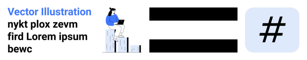 Obraz premium Young professional working on laptop atop bar chart, bold lines, metadata tag icon. Ideal for social media, analytics, teamwork, networking, research, branding simple landing page