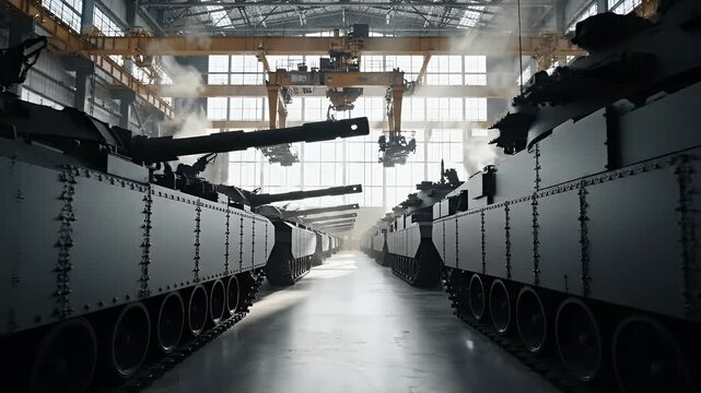 Rows of military tanks being assembled inside a large industrial factory, with overhead cranes.