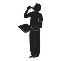 Hand-drawn illustration of a man eating pizza, black silhouette