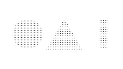 Three distinct geometric shapes—circle, triangle, and rectangle—constructed from black dots on a clean white background.