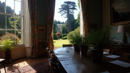 Formal room interior overlooks lush, sunlit estate gardens through tall windows
