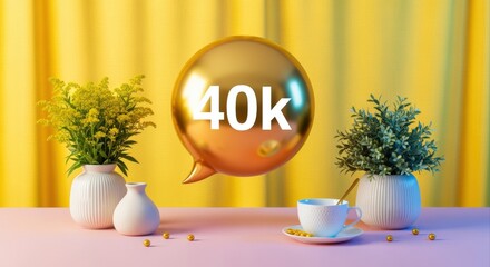 Celebration of 40K Milestone with Golden Speech Bubble, Decorative Plants, and Coffee Cup on Pastel Table