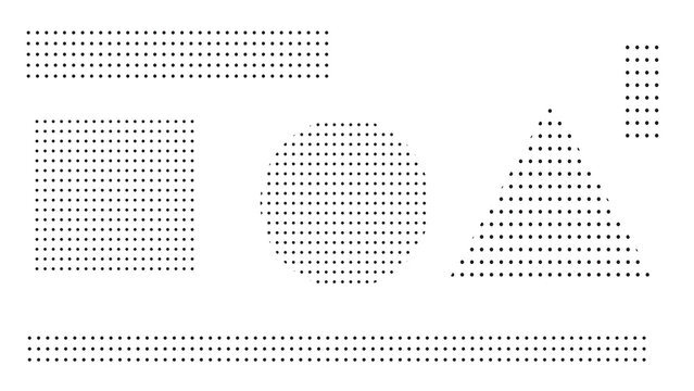 Collection of geometric shapes formed by black dots: square, circle, triangle, and rectangle on a white background.
