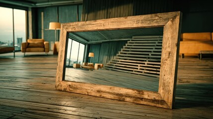 Rustic wooden framed mirror reflects an interior space with stacked horizontal elements