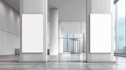 Naklejka premium Modern Office Lobby with Blank Posters, Ideal for Advertising Mockups and Corporate Communications