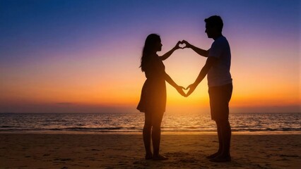 Fototapeta premium Man and woman silhouette making a heart shape with hands during sunset on the beach. Love, romance, and togetherness for Valentines Day