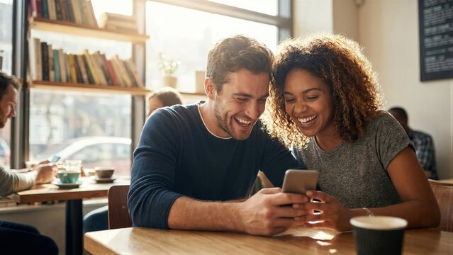 Young man and african american woman laughing at smartphone while seated in a cozy coffee shop. Couple enjoys mobile app or social media content