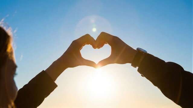 Woman and man make heart shape with hands against bright sun. Love and romance concept for Valentines Day. Romantic moment at sunset or sunrise