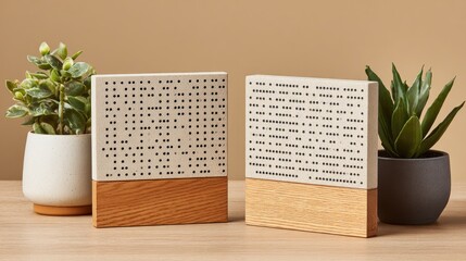 Two modern decorative blocks featuring raised dots sit between potted green houseplants