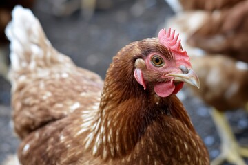 Close-up of brown chicken face with detailed features.