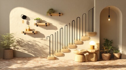 Modern interior space features contemporary floating staircase design illuminated by warm sunlight