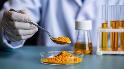 Cropped hands of scientist experimenting with spice in laboratory close-up.