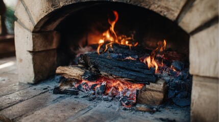 Burning fireplace flame and glowing embers inside brick structure