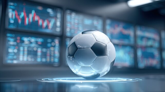Soccer Ball on Futuristic Platform with Data Screens Displaying Charts and Graphs in the Background - Powered by Adobe